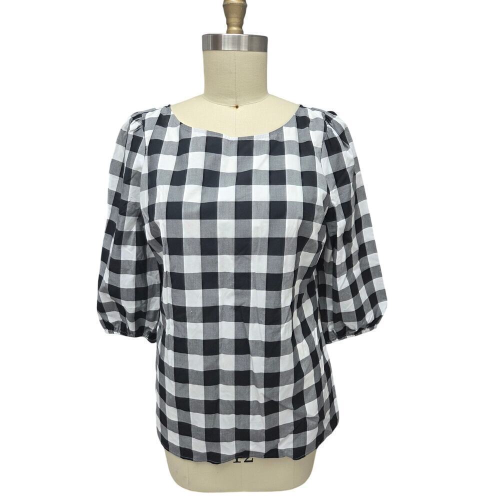 Talbots NWT Black White Gingham Check Top L 3/4 Sleeve Keyhole Neck Side Zip
